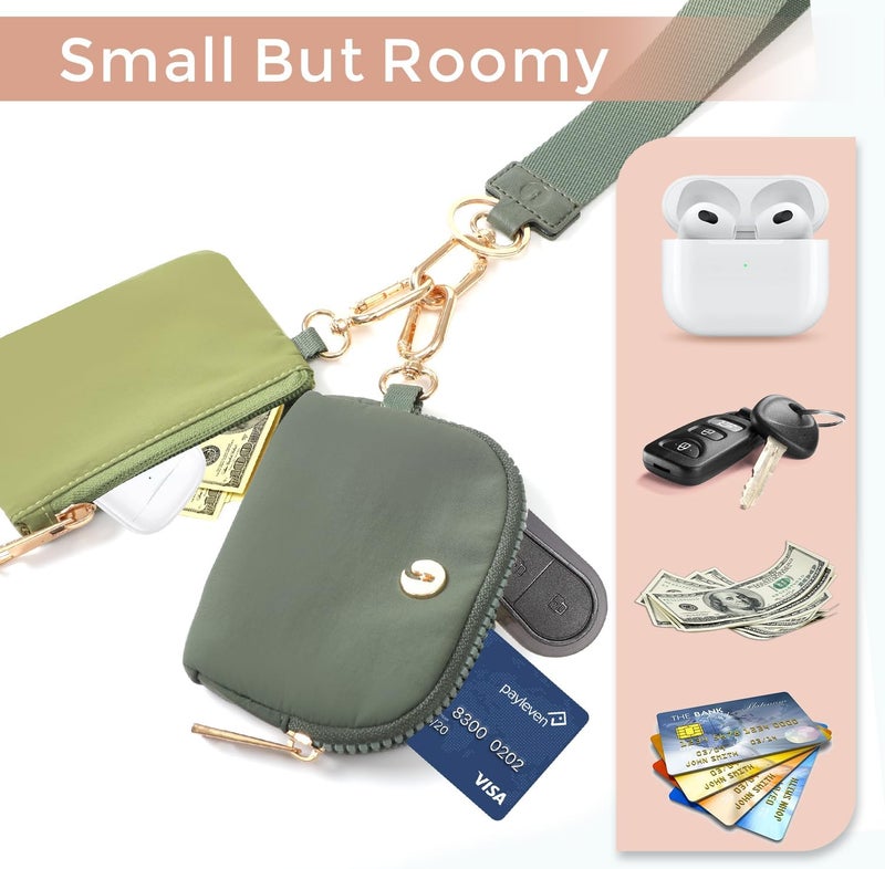 JEEBURYEE Dual Pouch Wristlet Keychain Wallets for Women with 2 Detachable Zipper Coin Purse - Small and Portable Mini Card Wallet for Women Men Gold Hardware Green+Dark Green - Image 3